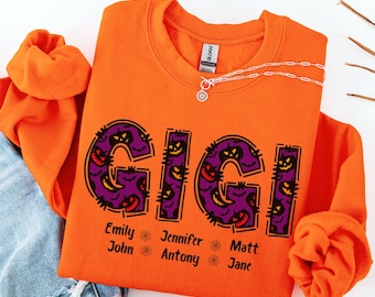 Custom Halloween Gigi Sweatshirt with Kids names, Gigi Halloween Gift, Mama Halloween Sweatshirt, Ghost Theme Sweatshirt, Spooky Gigi Shirt