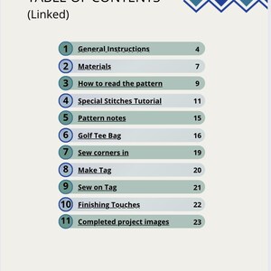May include: A document page with a "TABLE OF CONTENTS (Linked)" listing numbered sections. Sections include "General Instructions," "Materials," "How to read the pattern," and "Finishing Touches." The page has a light blue background with blue geometric designs.
