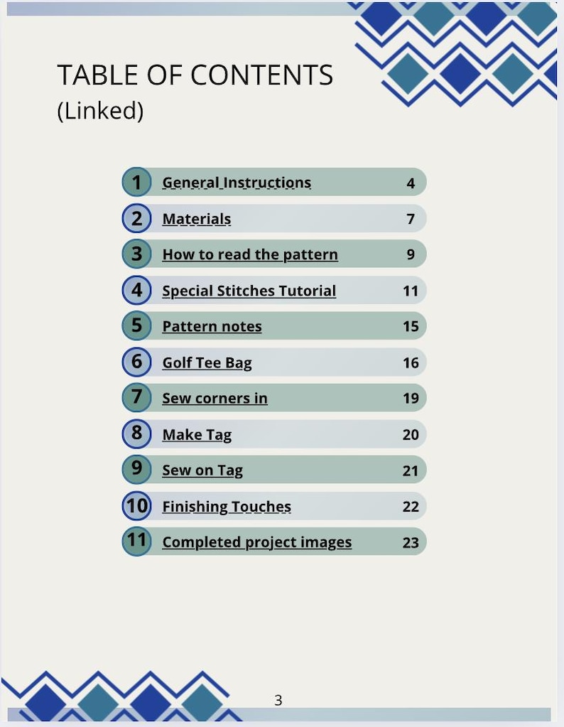 May include: A document page with a "TABLE OF CONTENTS (Linked)" listing numbered sections. Sections include "General Instructions," "Materials," "How to read the pattern," and "Finishing Touches." The page has a light blue background with blue geometric designs.