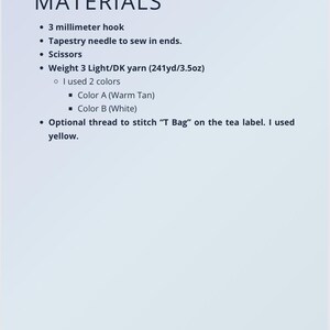 May include: A page titled "MATERIALS" lists items needed for a project. These include a 3-millimetre hook, tapestry needle, scissors, and yarn. The yarn is described as Weight 3 Light/DK, with 220 metres and 99 grams. Two colours are used: Warm Tan and White.