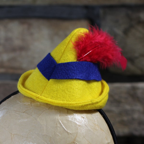 Pinocchio Wooden Puppet Yellow Tyrolean Mini Hat Light Weight Comfortable Perfect for Adults, Children and Pets , Yellow Alpine Fascinator