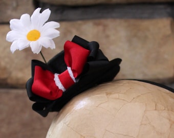 Mary Poppins Mini Hat with Daisy and Red and Black Bows. Light Weight Comfortable Jolly Holiday  Fascinator Hair Accessory
