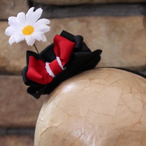 Mary Poppins Mini Hat with Daisy and Red and Black Bows. Light Weight Comfortable Jolly Holiday Fascinator Hair Accessory image 1