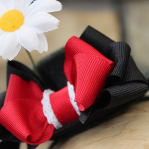 Mary Poppins Mini Hat with Daisy and Red and Black Bows. Light Weight Comfortable Jolly Holiday Fascinator Hair Accessory image 3