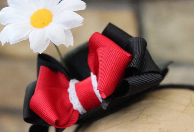 Mary Poppins Mini Hat with Daisy and Red and Black Bows. Light Weight Comfortable Jolly Holiday Fascinator Hair Accessory image 3