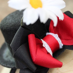 Mary Poppins Mini Hat with Daisy and Red and Black Bows. Light Weight Comfortable Jolly Holiday Fascinator Hair Accessory image 4