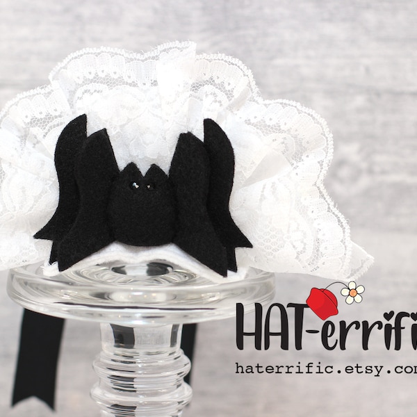 Haunted Mansion Gothic Maid Headband with Black Bat. Halloween Headpiece
