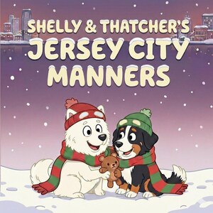 May include: Illustration of two dogs wearing winter hats and scarves, with the text "Shelly & Thatcher's Jersey City Manners" above them. One dog holds a teddy bear. Snow falls in the background.