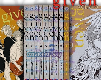 May include: A collection of nine "Given" manga volumes, featuring artwork and the title text. The spines display volume numbers 1-9. The covers showcase character illustrations and the series title. The manga is by Natsuki Kizu.