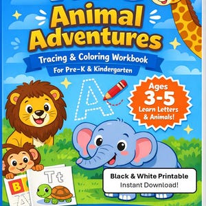 May include: A blue workbook titled "ABC Animal Adventures" for pre-K and kindergarten. The cover features cartoon animals, including a giraffe, lion, elephant, and monkey. The workbook is for ages 3-5 and includes tracing and coloring activities.