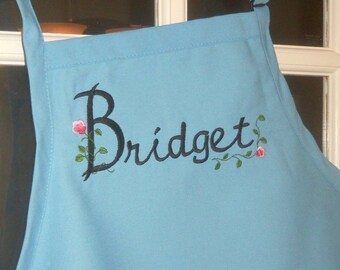 Apron Personalized with Name in an Elegant Floral Font Embroidered on Light Blue Apron