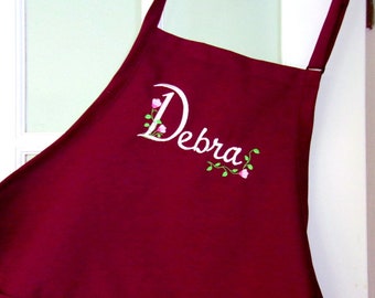 Apron Personalized with Name in an Elegant Floral Font Embroidered on Burgundy Color Apron