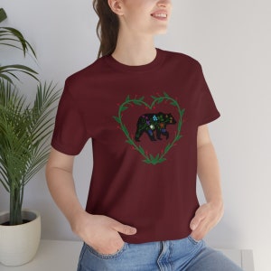 Woodland Floral Bear with Heart Vines Unisex Jersey Short Sleeve Tee. Woodland Floral Bear t shirt. Woodland Bear with Floral prints image 5