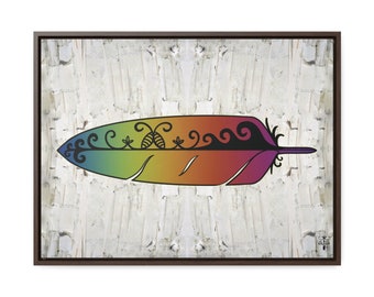 Double Curve Rainbow Feather on White Birch Bark Background Horizontal Framed Premium Gallery Wrap Canvas