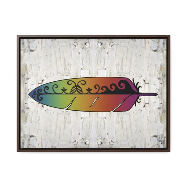 Double Curve Rainbow Feather on White Birch Bark Background Horizontal Framed Premium Gallery Wrap Canvas