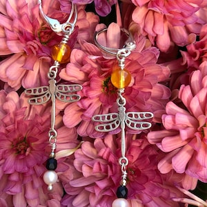 Amber and Dragonfly earrings. Sterling silver and Amber dragonfly earrings. Dragonfly earrings. Sterling silver dragonfly earrings.