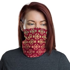 Face cover, face mask, Neck Gaiter, headband. Ojibwe style floral patterns on burgundy.