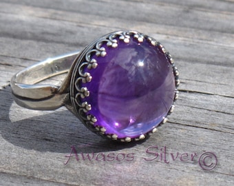 Beautiful Amethyst Sterling Silver Ring Design #3. Smooth Amethyst set in sterling silver ring. Handcrafted fancy Amethyst ring.