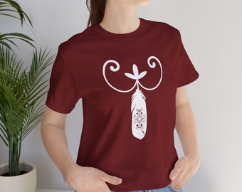 Double Curve with Feather t shirt. Wabanaki Double Curve feather t shirt. Unisex Jersey Short Sleeve Tee