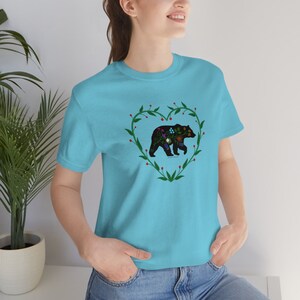 Woodland Floral Bear with Heart Vines Unisex Jersey Short Sleeve Tee. Woodland Floral Bear t shirt. Woodland Bear with Floral prints image 9