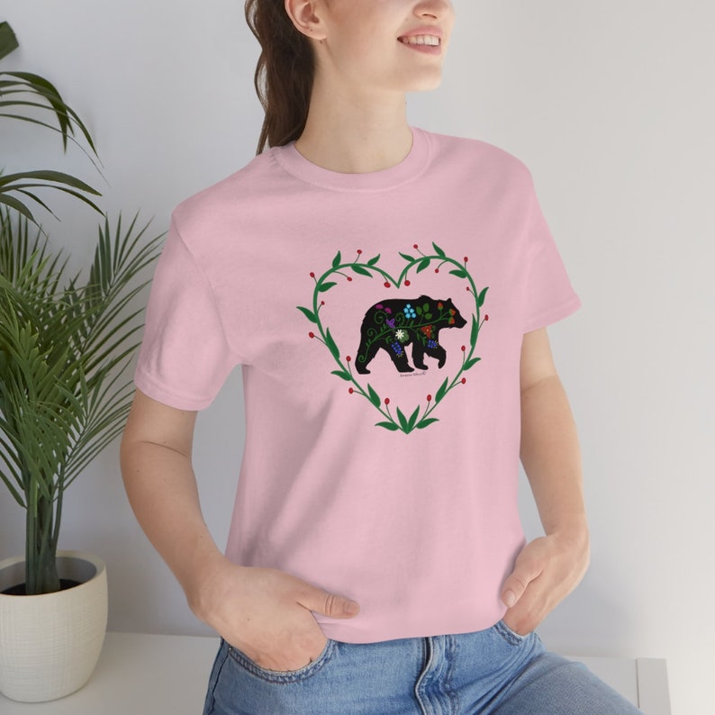Woodland Floral Bear with Heart Vines Unisex Jersey Short Sleeve Tee. Woodland Floral Bear t shirt. Woodland Bear with Floral prints image 7