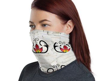 Wabanaki style double curve design Neck Gaiter, headband. Wabanaki style double curve design headband, neck warmer, face covering.