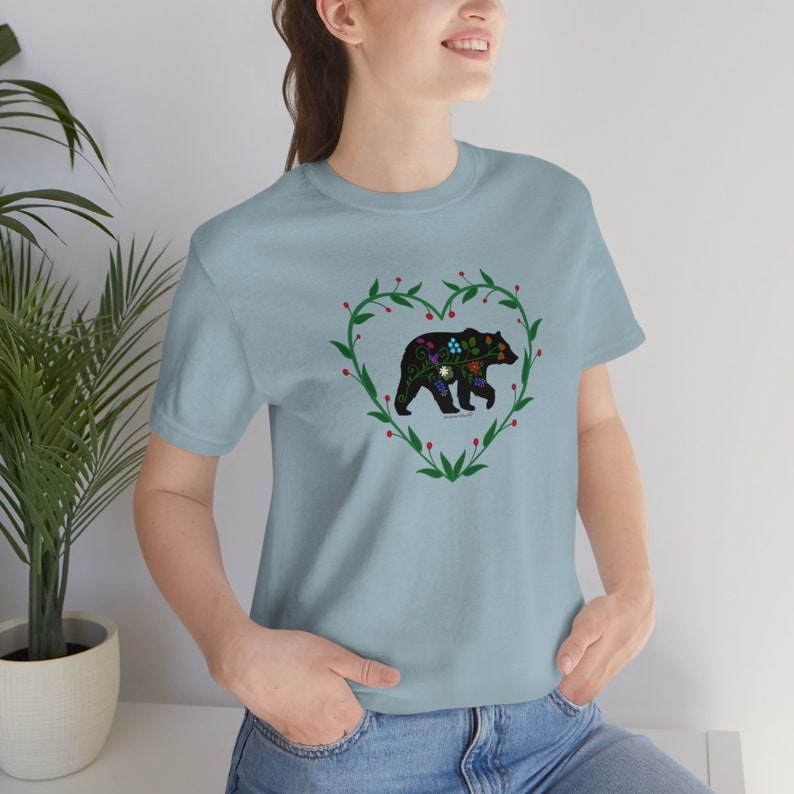 Woodland Floral Bear with Heart Vines Unisex Jersey Short Sleeve Tee. Woodland Floral Bear t shirt. Woodland Bear with Floral prints image 4