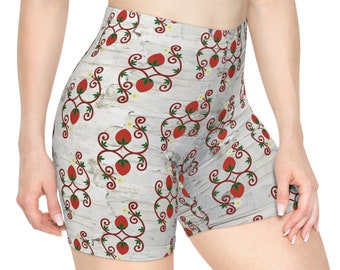 Strawberry Shorts. Strawberry double curves on white birchbark Women's Biker Shorts (AOP) NorthEastern Woodland Design Shorts