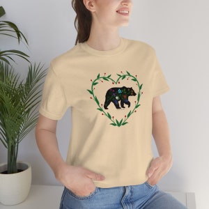 Woodland Floral Bear with Heart Vines Unisex Jersey Short Sleeve Tee. Woodland Floral Bear t shirt. Woodland Bear with Floral prints image 8