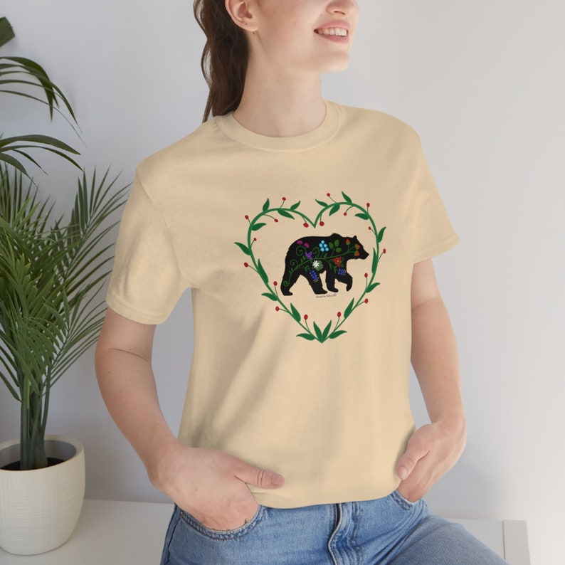 Woodland Floral Bear with Heart Vines Unisex Jersey Short Sleeve Tee. Woodland Floral Bear t shirt. Woodland Bear with Floral prints image 8