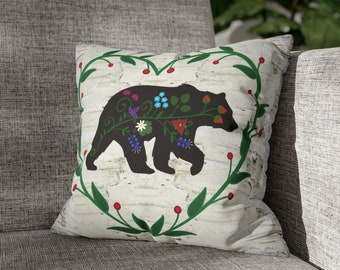 Woodland Floral Bear Faux Suede Square Pillow Case. Woodland Floral Bear with Birchbark background pillow case. Eastern Woodland Home Decor