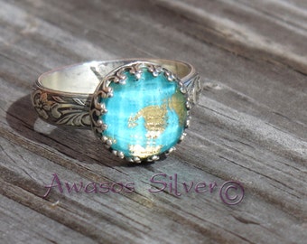 Beautiful Turquoise with Gold Sterling Silver Ring. Rose cut Turquoise and gold. Handcrafted turquoise with gold ring in sterling silver