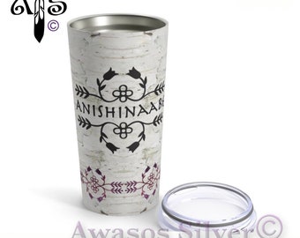 Anishinaabe White birch bark with woodland floral design tumbler. Northeastern woodlands design Stainless steel insulated Tumbler