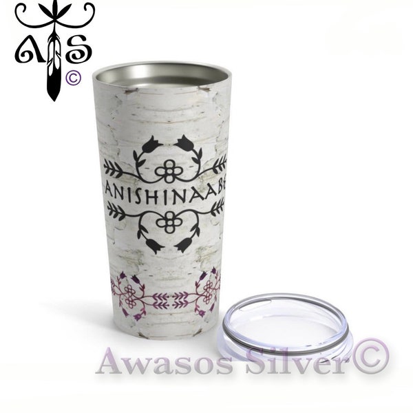 Anishinaabe White birch bark with woodland floral design tumbler. Northeastern woodlands design Stainless steel insulated Tumbler