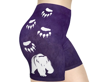 Walking Bear with prints shorts. Purple grunge with white bear and prints Women's Biker Shorts AOP. Purple grunge shorts