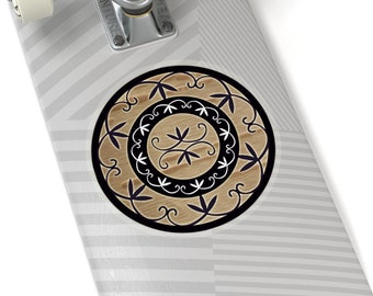 May include: A black and white mandala design on a woodgrain background. The mandala features intricate floral patterns and is surrounded by a black circle.