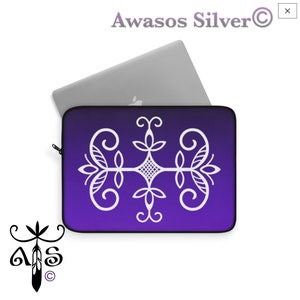 May include: A purple laptop sleeve with a white floral design. The sleeve has a gradient color scheme, transitioning from a deep purple at the bottom to a lighter shade at the top. The laptop sleeve is designed to protect a laptop computer.