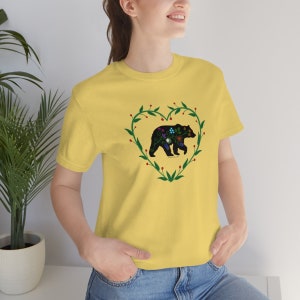 Woodland Floral Bear with Heart Vines Unisex Jersey Short Sleeve Tee. Woodland Floral Bear t shirt. Woodland Bear with Floral prints image 1