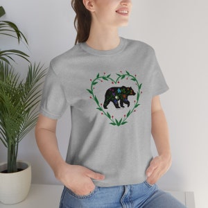 Woodland Floral Bear with Heart Vines Unisex Jersey Short Sleeve Tee. Woodland Floral Bear t shirt. Woodland Bear with Floral prints image 3