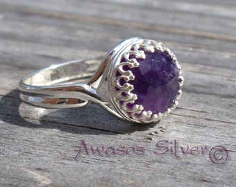 Beautiful Amethyst Sterling Silver Ring Design #2. Rose cut Amethyst set in sterling silver ring. Handcrafted fancy Amethyst ring.