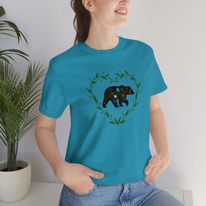 Woodland Floral Bear with Heart Vines Unisex Jersey Short Sleeve Tee. Woodland Floral Bear t shirt. Woodland Bear with Floral prints image 2