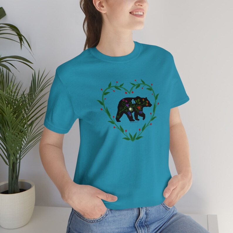 Woodland Floral Bear with Heart Vines Unisex Jersey Short Sleeve Tee. Woodland Floral Bear t shirt. Woodland Bear with Floral prints image 2