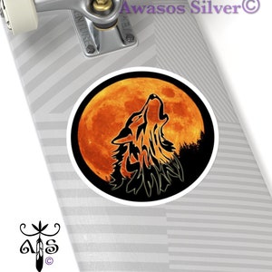 Wolf Aufkleber. Howling Wolf Aufkleber. Tribal Wolf Aufkleber. Howling Wolf in a Full Orange Moon Aufkleber.  Kiss-Cut Sticker