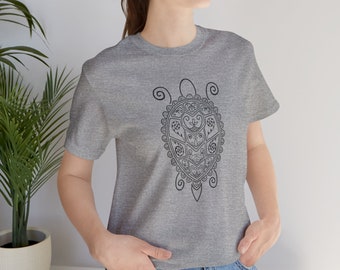 Double Curve Turtle T shirt. Original Awasos Silver Design Double Curve Turtle T shirt. Unisex Jersey Short Sleeve Tee. Wabanaki Turtle