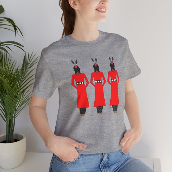 3 Indigenous Women in Red Dresses. Red Dress T-shirt. Missing and Murdered Indigenous Women Awareness. Unisex Jersey Short Sleeve Tee