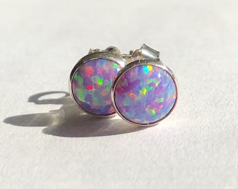 Unicorn purple Opal stud earrings set in sterling silver. Adorable 6mm opal studs. Opal and sterling silver stud earrings. Purple opal studs