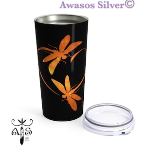 Dragonflies in Amber on black background Stainless Steel Travel Tumbler 20oz