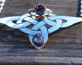 Hand Cut Sterling Silver Celtic Knot Necklace with color change Alexandrite jewelry set with matching ring