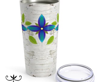 Blue and Purple Woodland Floral designs on white birch bark. Northeastern woodlands design. Stainless Steel Tumbler 20oz. Awasos Silver