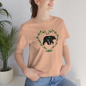 Woodland Floral Bear with Heart Vines Unisex Jersey Short Sleeve Tee. Woodland Floral Bear t shirt. Woodland Bear with Floral prints image 10